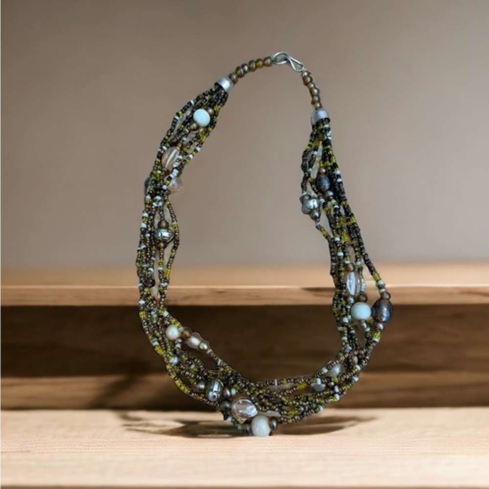 Natural tones multi strand glass beaded necklace